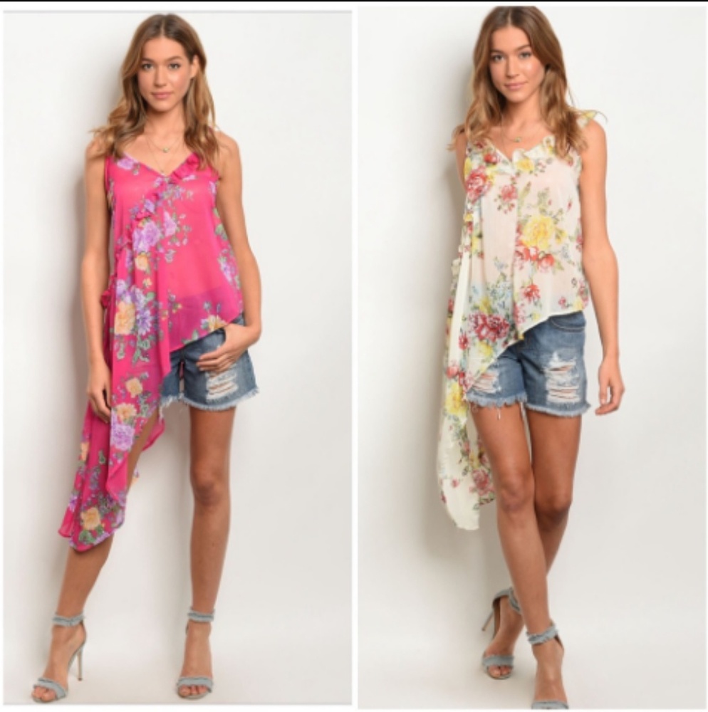 CHIFFON ASYMMETRICAL HEM FLORAL TOP